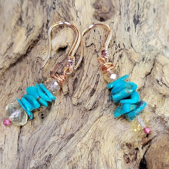 💥LAST PAIR💥Genuine Turquoise Citrine Rosegold Drop Earrings - Picture 3 of 8